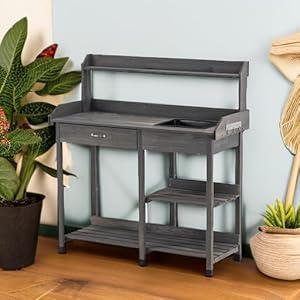 MCombo Potting Bench, Outdoor Garden Potting Table with Dry Sink, Drawer, Storage Shelves, Natural Wooden Work Station for Patio, Backyard and Porch 0458 (Grey) MCombo Potting Bench Outdoor Garden Potting Table with Dry Sink Drawer Storage Shelves Natural Wooden Work Station for Patio Backyard and Porch 0458 Grey