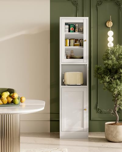 QINPTWUT 67' Slim Narrow Kitchen Pantry Cabinet with Glass Door – 6-Tier Tall Storage Cupboard for Small Space, Adjustable Shelves, Reversible Doors, Easy Assembly, White, Ideal for Bathroom