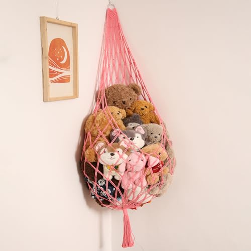 Image of Amdermi Stuffed Animal Net or Hammock Corner Hanging Net for Stuffy Animal Storage Macrame Toy Display Plush Toy Holder Wall Pet Net for Nursery Kid Bedroom Decor Playroom Organizer (Pink XL)