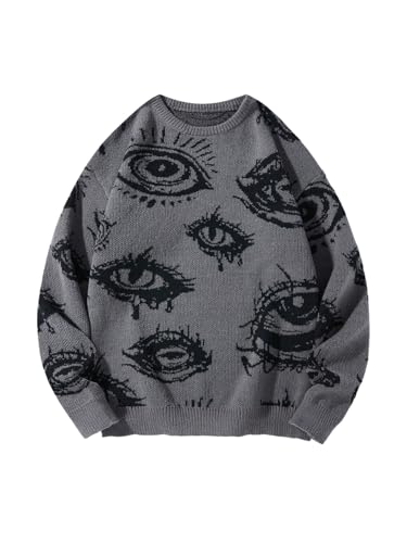 BEAUDRM Men's Fall Goth Grunge Sweater Y2K Oversized Punk Sweater Halloween Graphic Long Sleeve Knit Pullover Streetwear Dark Grey X-Large