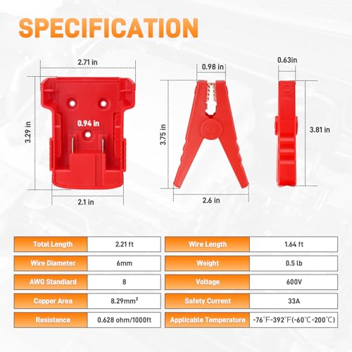 Sejaede Jumper Cables with Alligator Clips Compatible with Milwaukee M18 18V Battery, 2ft 8AWG Silicone Wire Jumper Starter Clamps, Automotive Booster Cable for Jump Starting Car Using Tool Battery
