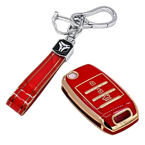 Image of KMH TPU Gold Car Smart Key Cover Compatible for Kia Seltos and Sonet 3 Push Button Smart Flip Key Shell Case Holder, Full Key Protection with Keychain (Red Gold) Pack of 2