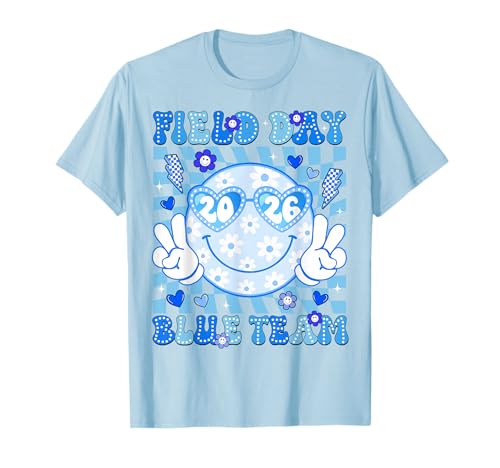Field Day Blue Team 2026 Smile Face Sunglasses Kids Teacher T-Shirt
