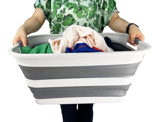 Image of SMMART Collapsible Plastic Laundry Basket with Handle /Foldable Pop Up Storage Hamper /Portable Laundry Organizer-Space Saving Washing Tub /Household Storage Supplies (Grey /Steel Grey, 42L (Set of 2))