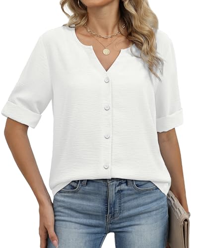 Image of OFEEFAN Button Down Shirts for Women 3 /4 Length Sleeve Tops V Neck Blouses Business Casual Outfits Loose Fit