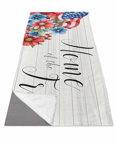 BOSIJOY Yoga Mat Towel,Watercolor Blue Red Flower on White Wood Non Slip Sweat Absorbent Hot Yoga Towels with Corner Pockets,Independence Day Flag Soft Microfiber Towel for Pilates Bikram 70