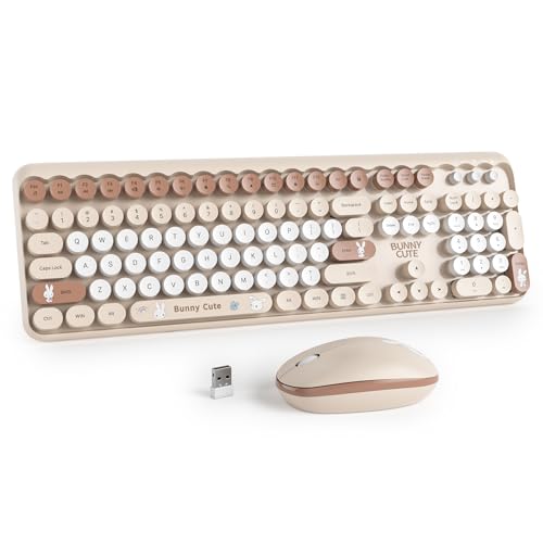 Image of Owpkeenthy Cute Beige Keyboard and Mouse Wireless, Colorful Keyboard Retro Typewriter Style Full-Sized with Number Pad Round Keys for Desktop, Laptop and Computerr (Bunny Beige)