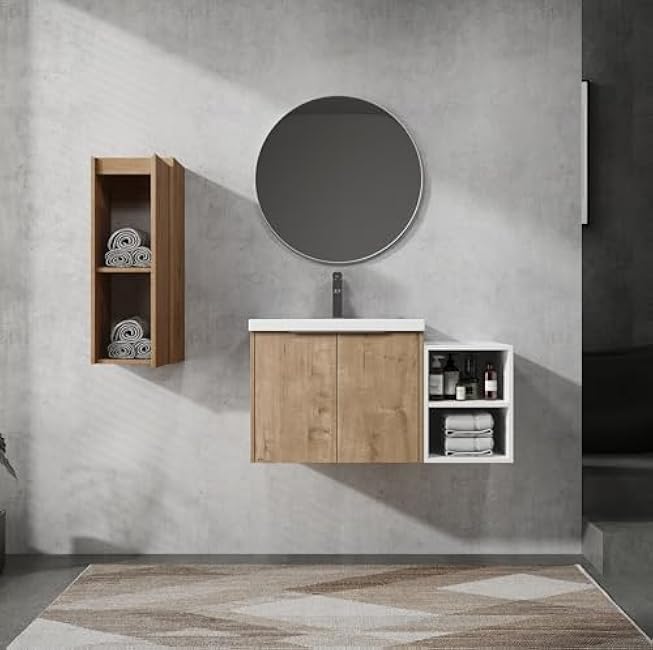 3 Pieces Floating Bathroom Storage Vanity Set with Sink,24'' Wall Mounted Bathroom Vanity Set w/Side Cabinet and Storage Rack,Modern Bathroom Sink Cabinet w/Soft Close Doors for Bathroom
