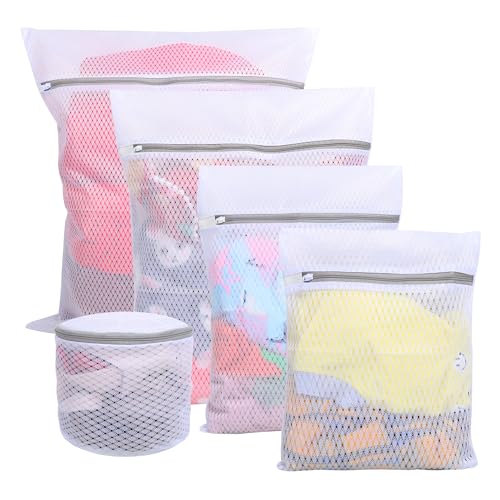 5PCS Mesh Laundry Bags for Washing Machine, Laundry Bags with Zips, Reusable Washing Machine Wash Bag for Clothes, Underwear, Bra,Socks (White)