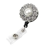 Nurse Badge Holder, Pearl Crystal Flower Retractable Badge Holder Clip, ID Badge Holder Reel with...