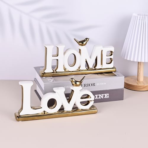 Figura decorativa Love en cerámica blanca y dorada set 2 miniatura 2