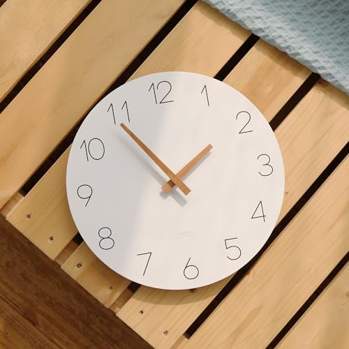 Image of mooas Flatwood Wall Clock (Wood Mini), 9.8 inch Non-Ticking Sweep Movement | Decorative Battery Operated Wooden Wall Clock for Home Living Room Kitchen Bedroom Office School Cafe
