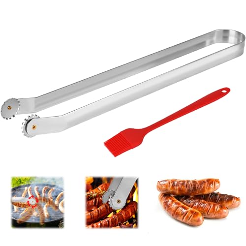 HOTUT Würstchen Wendezange, 38 cm Grillzange aus Edelstahl mit Rädchen, Langer Griff, Küchenzange, Kochzange zum Grillen, Buffet