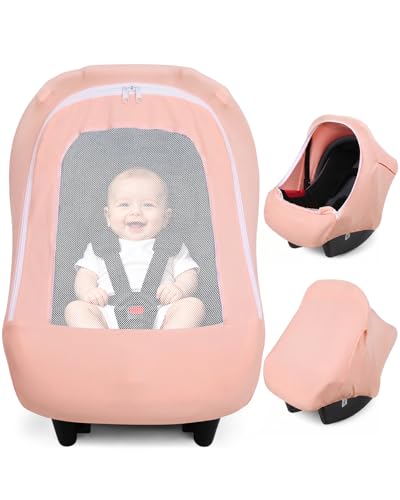 Image of Metplus Car Seat Cover Baby Girl, Breathable Mesh Window Infant Carseat Canopy, Summer Stroller Sunshade Net for Airflow & Privacy, Stretchy Universal Fit (Pink)