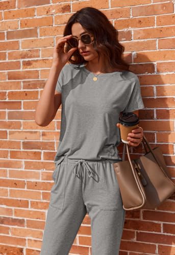 Image of Ekouaer 2 pack Pajama Sets for Womens Jogger Pants Pjs Short Sleeves Lounge Set Soft Sleepwear with Pockets