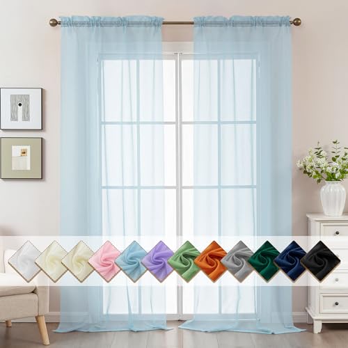 Image of Blue Sheer Curtains 108 Inches Extra Long, Privacy Semi Sheer Curtains for Living Room Bedroom, Light Filtering Rod Pocket Voile Window Drapes 2 Panels Set, Each 42 inch W x 108 inch L
