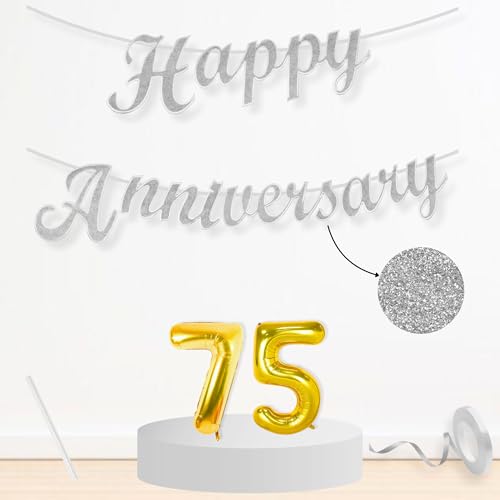 Image of Flyloons 75th Happy Anniversary Banner Silver Decorations Kit for Men Women Wedding Anniversary Banner Items without Balloons Diamond Jubilee