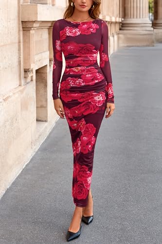 Image of PRETTYGARDEN Women's Long Sleeve Bodycon Dresses 2026 Spring Sexy Floral Mesh Slit Ruched Tight Maxi Wedding Guest Dress