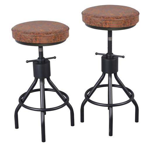 Bokkolik UK001-S 04 BLACK Set Of 2 Vintage Bar Stools Swivel Pu Seat 23-33Inch Height Adjustable Rustic Kitchen Island Counter Stool Industrial Office Guest Chair