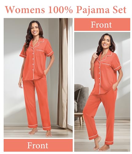 Image of CF Womens 100% Cotton Pajamas Set Button Down Pjs Sets Short Sleeve Top & Long Pants Sleepwear Comfy Loungewear with Pockets