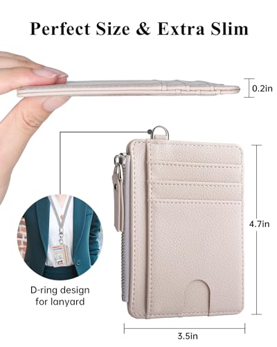 Image of Teskyer Slim RFID Wallet for Women, Small Card Holder with Zip Pocket, Beige, 3.5 inch x 4.7 inch, Minimalist | Zip Pocket for Cash Coin, 1 ID Window & 7 Card Slots, Ultra Slim Design, D-Ring for Neck Lanyard, for Daily Carry and Travel