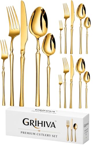 Image of 15 Pcs Gold Cutlery Set for Dining Table the Perfect Lightweight Silim Handle Tableware Including Dinner Spoon, Dinner Fork, Dinner Knife, Dessert Spoon & Dessert Fork