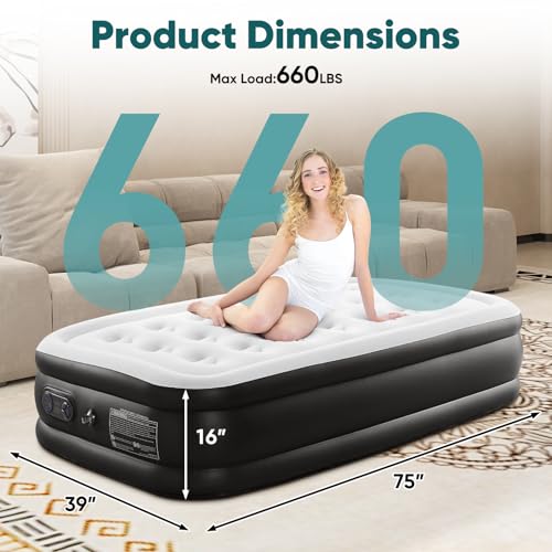 Sweetcrispy Twin Air Mattress - 16" Inflatable Blow Up Airbed with Built-in High Capacity Pump, Double Height, Non-Slip Bottom Design, Weight Capacity 660 lbs Air Bed for Home or Camping