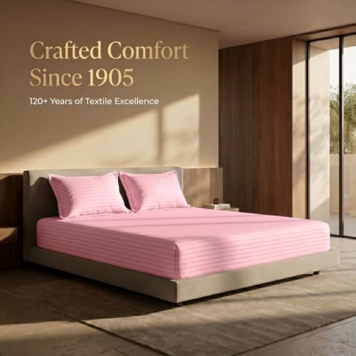 Image of Mafatlal Italian Strip Cotton Bedsheet for King Size Bed with 2 Pillow Covers | 210 TC Pure Cotton Flat Sheet Light Pink | 108 x 108 Inches | Comfortable & Long Lasting