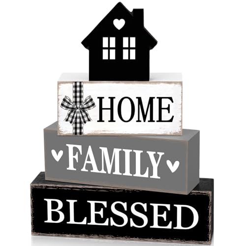 Cinnvoice 4 Pcs Farmhouse Tabletop Decor Rustic Family Blessed Home Table Centerpiece This Is Us Sign for Kitchen Shelf Desk Fireplace Mantel Tiered Tray Decor(Neutral Home Family Blessed)