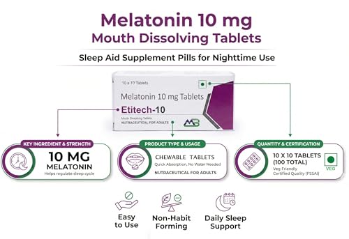 Image of Etitech-10 Melatonin 10mg Chewable Tablet | Natural Sleep aid Pills, Non Habit Forming | Vegetarian | Nutraceutical For Adults - 100 Tablets (10x10)