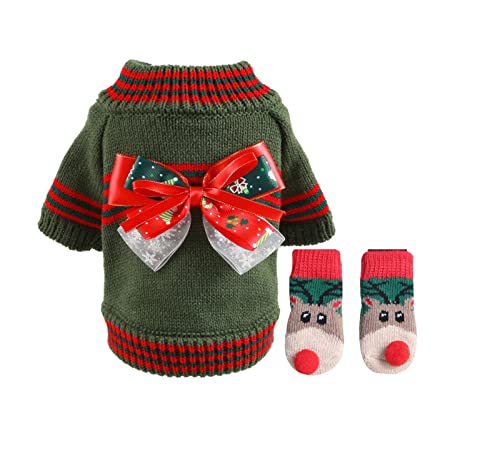 YUEMOL ropa para perros 2 juegos de ropa de Navidad cálida for mascotas de otoño e invierno, adecuada for perros y gatos pequeños y medianos, decoración del festival, ropa con lazo Cover