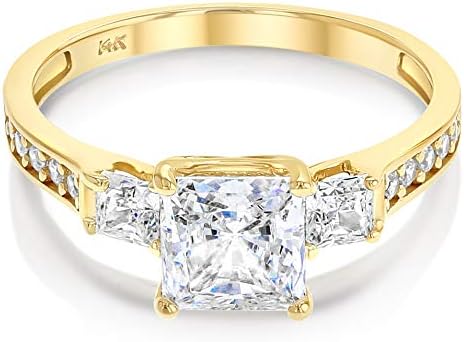Ioka - 14K Solid Yellow Gold 1.5 Ct. Princess Cut 3 Stone CZ Engagement Ring With Stones in Band - Size 8