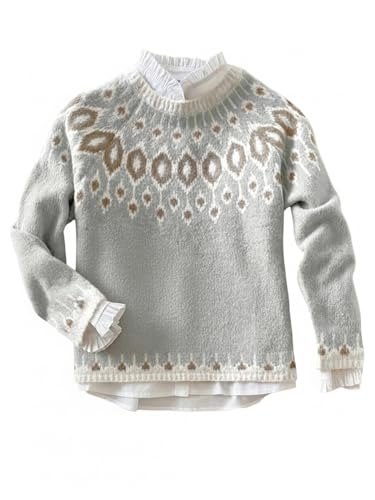 RoseSeek Women's Fair Isle Sweater Crewneck Knit Pullover Sweaters Knit Tops Vintage Fall Outfits Grey Medium