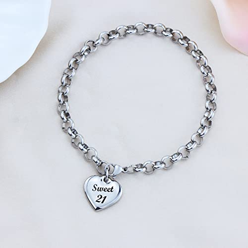 Kgbncie Birthday Gift For Sweet 21 Birthday Bracelet Gift 21 Year Old Girls Heart Charm Adjustable Bracelet With Message Card For Women Valentine's Day Gift #TOP5