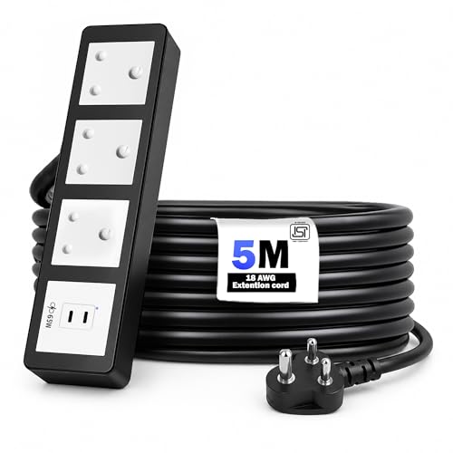 Image of MX 65W Extension Board PD GaN Charger Super Fast Charging 2 Type-C, 3 Indian 16A Sockets (2600W) Multiport Desktop Power Strip for iPhone Android Laptop Tablet 50% in 30 mins 5M Cable