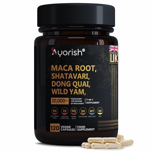 Ayorish Maca Root (Black, Red, Yellow) Extract 1000mg Capsules with 6 High Potency Ingredients (Aguaje Fruit, Dong Quai, Papaya Leaf, Shatavari and More) - 120 Pills