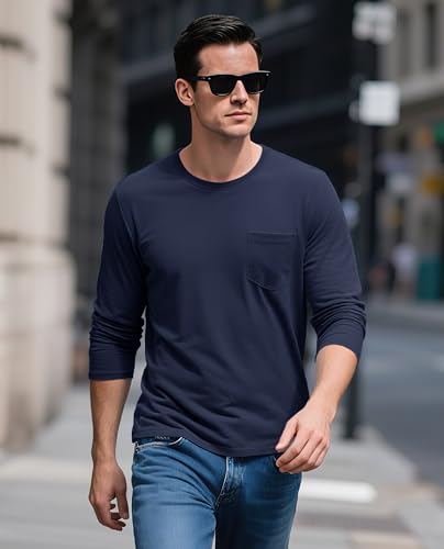 EKLENTSON Men's Cotton T-Shirts Long Sleeve Pocket Tee Crewneck Moisture Wicking Casual Tshirts Solid Color4