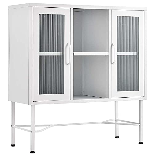 BAKAJI Mueble aparador con doble puerta y 6 estantes interiores, mueble aparador multiusos para casa, cocina, baño, oficina, diseño moderno industrial de metal y cristal, 85 x 35 x 150 cm (blanco)