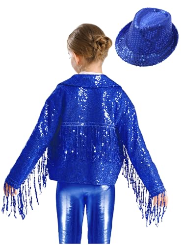Kids Girls Sequin Tassel Jazz Dance Jacket Coat with Hat Set Hip Hop Street Dance Outfit3