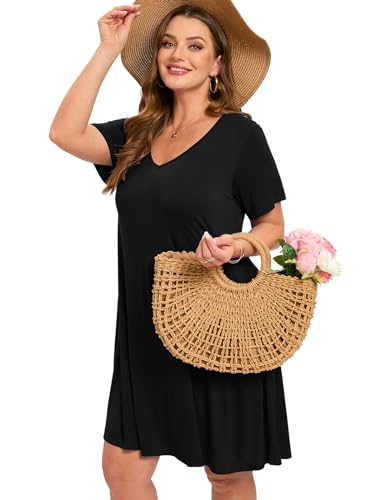 Image of ZENNILO Women's Plus Size Swing Dress with Pockets Casual Summer Dresses V Neck Short Sleeve T Shirt Dress for Women