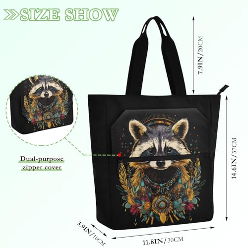 Raccoon Boho Tote Bag for Book Lovers Reusable Bags with Zipper Pocket for School Work Shopping2