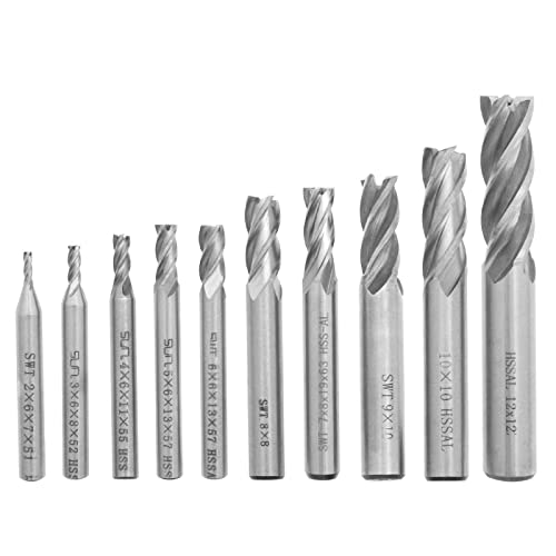 ECSiNG 10pcs HSS 4-flute Straight Shank End Mill Cutter Kit 2/3/4/5/6/7/8/9/10/12mm Dia 6mm 8mm 10mm 12mm Handle for for Wood Aluminum Steel Titanium