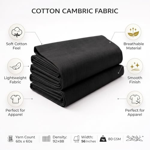Image of Soimoi Black Solid 60 * 60's Cotton Cambric Fabric by 5 Yards, 56 Inch Wide Light Weight Material Suitable for Kurtis, Blouses, Kids Clothing, Tunics, Dresses and Summer Apparel