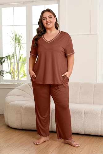Image of Vozanet Women's Plus Size Pajama Sets Short Sleeve Long Pants Solid Color with Piping Trim Elegant Loungewear Cozy Sleepwear