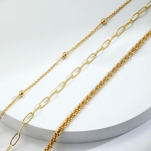 Image of Gold Ankle Bracelets for Women,14k Gold /Silver Plated Waterproof Layered lightweight Cuban Link Figaro Chain Heart anklet Bracelets Set Gold Anklets for women Trendy Jewelry Gift