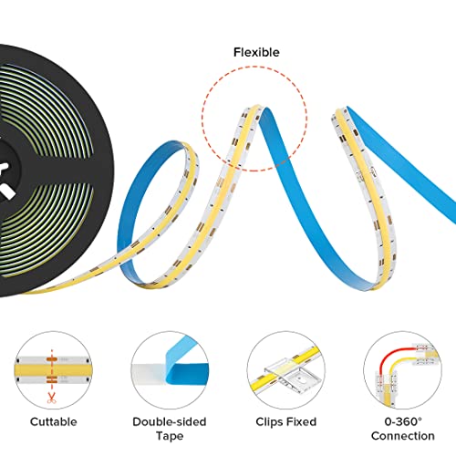 BTF-LIGHTING FCOB COB LED Strip CCT Flexible High Density 16.4FT 640LED/m Tunable 3000K-6000K CRI 90+ Dimmable Light Ribbon for Bedroom Kitchen Indoor Decoration DC24V(No Adapter or Controller)