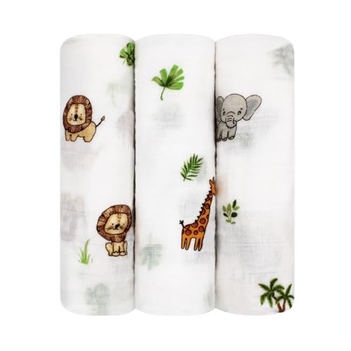 LMED Babyland 100% Muslin Cotton Baby Receiving Cloths, 3-Pack, 27x27 in (70x70cm), Soft & Gentle for Newborns, Sensitive Skin Safe, for Feeding, Burping & Comfort, 0+ Months (Safari)