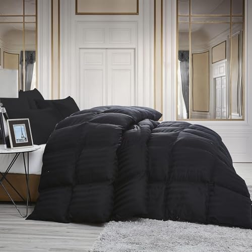 Luxurious Oversized Queen Size Goose Down Fiber Waterfowl Feather Fiber Comforter Duvet Insert, 100% Egyptian Cotton Cover, 65 oz. Fill Weight Comforter, All-Season Black Stripe