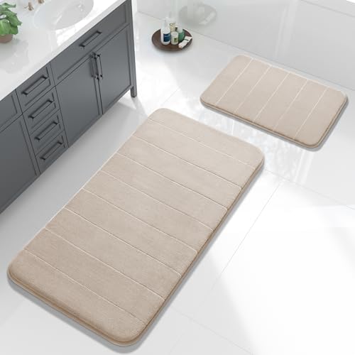 Image of Yimobra Large Bath Mat Set 2 Piece- Super Soft Absorbent Quick Dry Memory Foam Bathroom Rugs, Machine Washable Non Slip Floor Carpet for Tub Shower & Double Vanity (17x24 & 44x24, Beige)