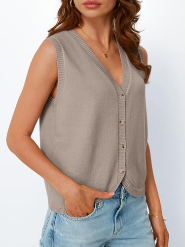Image of LILLUSORY Womens V Neck Button Down Sleeveless Knitted Fall Sweater Vest | Soft Breathable Blend Tank Blouses for Ladies, Chic Curved Hem Preppy Outfits, Four-Season Versatile Layering Clothing Piece